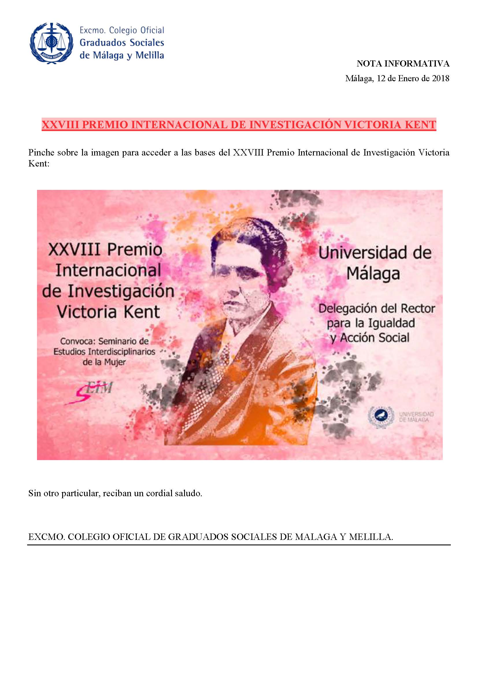 NOTA INFORMATIVA XXVIII PREMIO INTERNACIONAL DE INVESTIGACION VICTORIA KENT