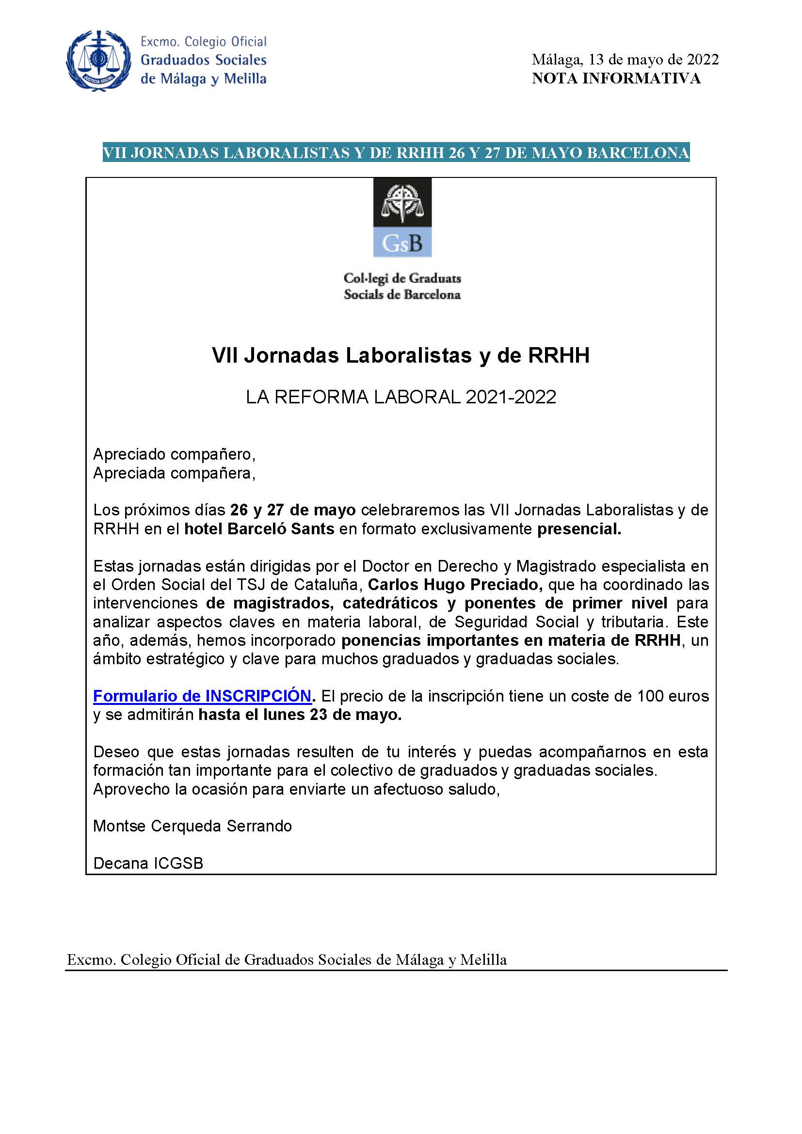 13.05.2022 NOTA INFORMATIVA VII JORNADAS LABORALISTAS Y DE RRHH 26 Y 27 DE MAYO COLEGIO DE BARCELONA
