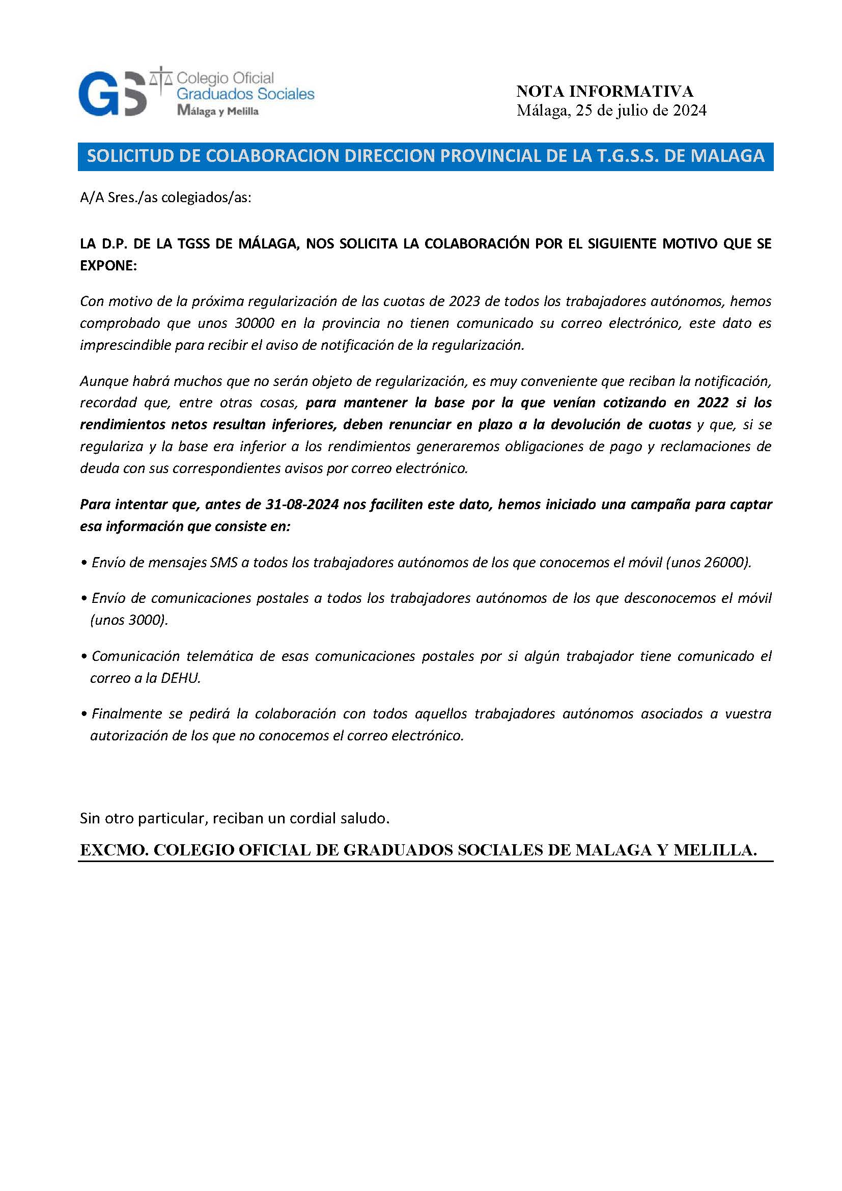 25.07.24 NOTA INFORMATIVA SOLICITUD DE COLABORACION DIRECCION PROVINCIAL DE LA TGSS DE MALAGA